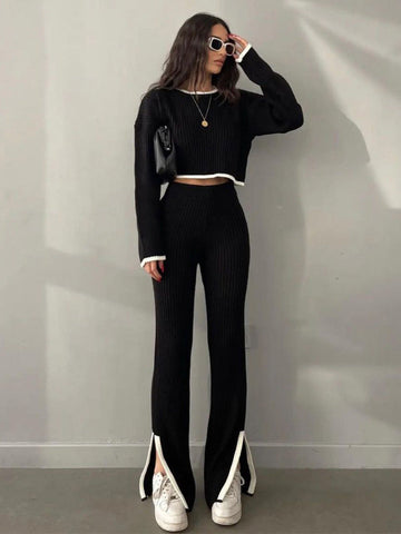 Autumn Winter Knitting Trousers Set Round Neck Long Sleeve Short Sweater Color Contrast Patchwork Slit Knitted Two Piece Set for Women