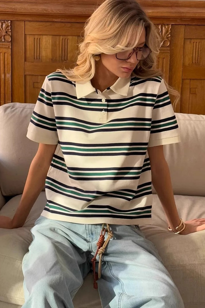 Vintage Color Block Stripe Polo Short Sleeve T-shirt