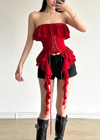 Blusa de algodón con cuello oblicuo rojo único, sin mangas y con cordones 