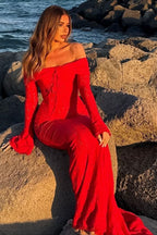 Off Shoulder Lace Flare Sleeve Fitted Train Elegant Maxi Dress
