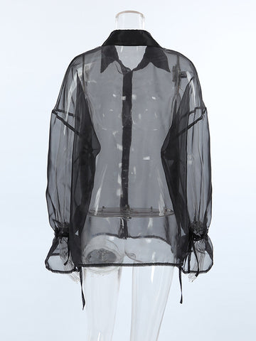 Long Sleeves Loose Buttoned Drawstring See-Through Lapel Blouses&Shirts Tops
