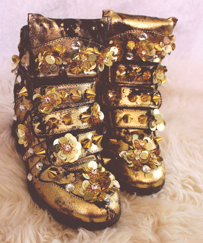 Boho Gelbe Pailletten Nagelperlen Spleißstiefel 