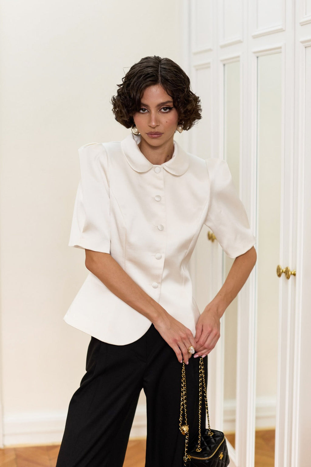 Chic Tie Waist Puff Sleeve Slim Blouse