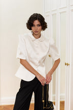 Chic Tie Waist Puff Sleeve Slim Blouse