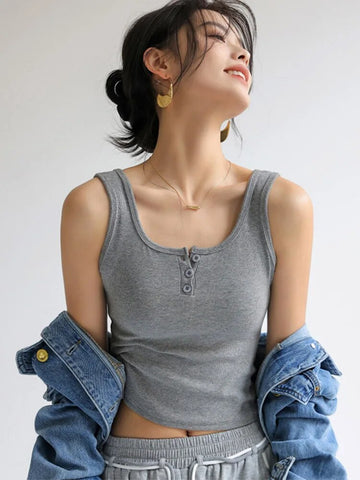 Camisetas básicas de verano para mujer, ropa de calle, top corto blanco con 3 botones, chaleco deportivo Y2k, camiseta sin mangas de punto elástico acanalado con tirantes negros 