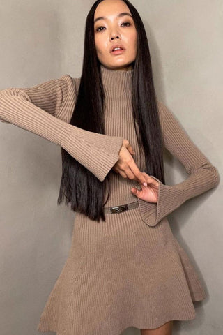 Schickes hochgeschlossenes, ausgestelltes, langärmliges Rippstrick-Winterpullover-Minikleid - Khaki 