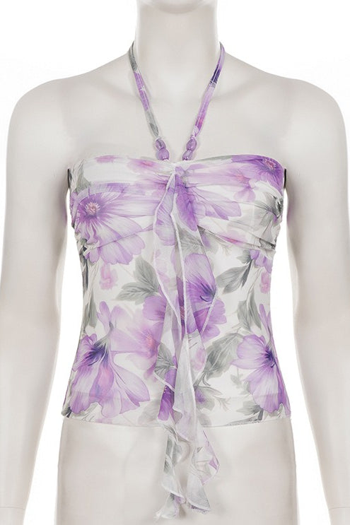 Floral Print Beaded Romantic Halter Top