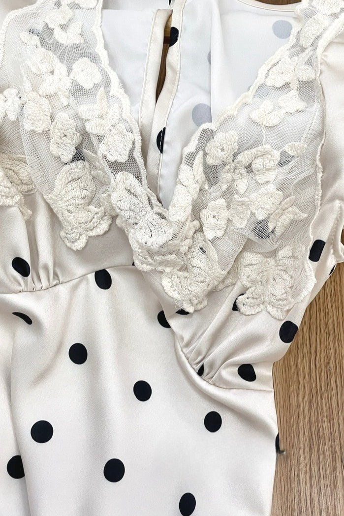 Lace Splice Satin Polka Dot Maxi Dress