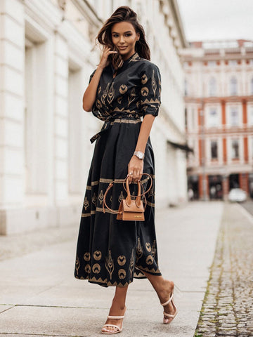 Maxi Dress Stand Collar Half Sleeves Linen Sexy Floral Print Drawstring Floor Length Dress