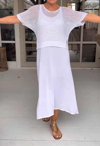 Traje de dos piezas con vestido informal con tirantes y blusa hueca 