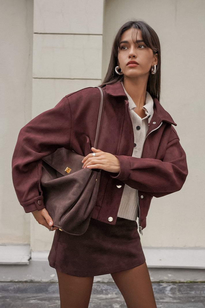 Loose Fit Red-Brown Suede Jacket
