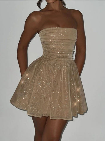TARUXY Glänzende Pailletten Abendkleid Frauen Off Schulter Schlank Rüschen Mini Kleider Dame Party Bogen Bandage Sexy Rückenfreies Kleid Frau 