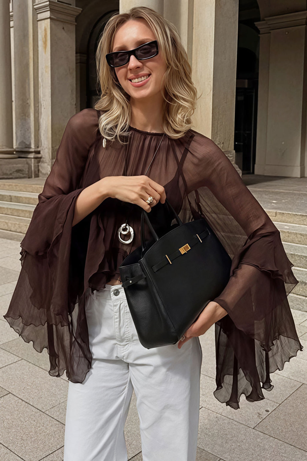 Loose Fit Ruffled Chiffon Round Neck Blouse
