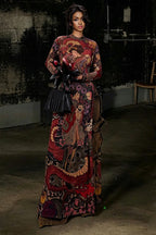 Round Neck Printed Waist Tie High Slit Maxi Dress
