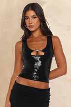 Sequin Cutout Lace-Up Slim Tank Top