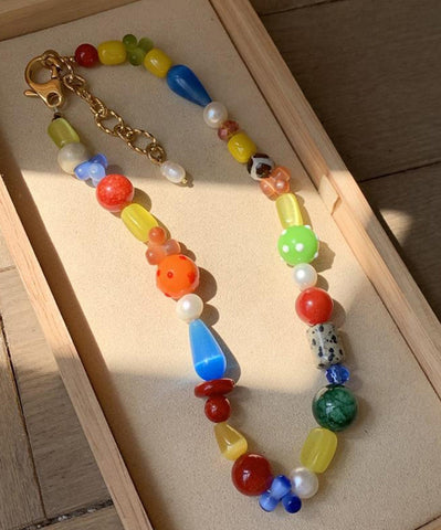Collar de cuentas asimétricas con gemas y arcoíris en plata de ley dorada para mujer 
