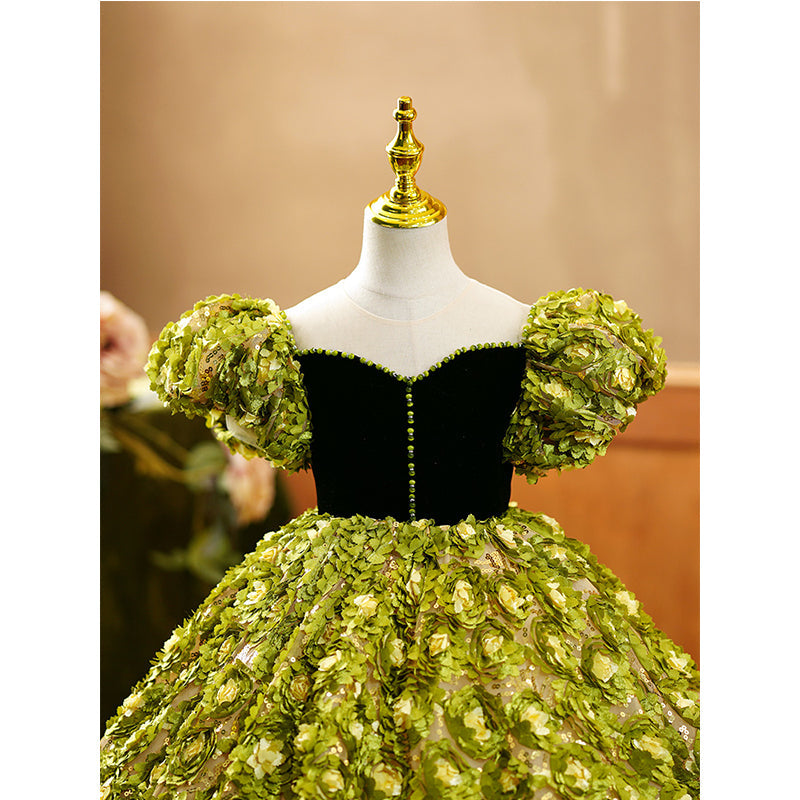 Vestido de niña de las flores con contraste de color verde floral, mangas abullonadas, vestido de comunión princesa con cola 