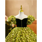 Vestido de niña de las flores con contraste de color verde floral, mangas abullonadas, vestido de comunión princesa con cola 
