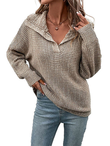 Casual Loose Long Sleeves Solid Color Lapel Collar Sweater Tops