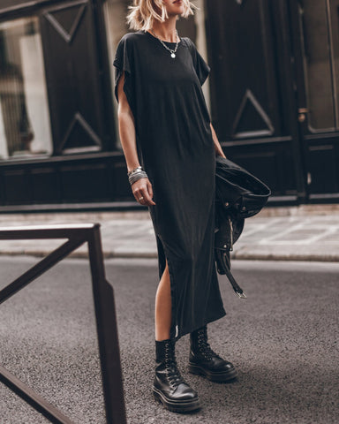 Simple and Effortless Open Sleeve Slit Oversized T-shirt Midi Dress
