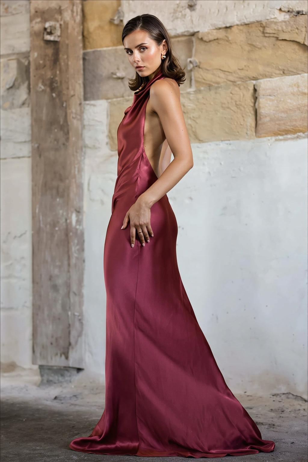 Solid Satin Halter Backless Maxi Dress