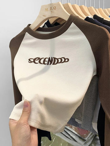 Letter Print T-Shirt Women Spring Long Sleeve Patchwork Tops Fashion Retro Contrast Color Crop Top Hot Girl Kpop Skinny Y2K Tees