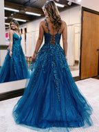 Vestido de fiesta de tul con encaje y purpurina azul tinta de corte A