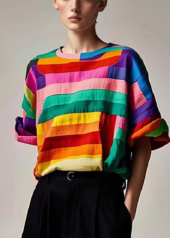 Camiseta de tirantes ajustada de algodón con patchwork y rayas multicolor para verano 