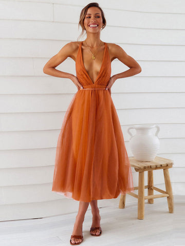 Vestido midi sin mangas con escote en V profundo de tul para fiesta de cumpleaños 