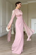 Glossy Flowy Sleeve Slim Maxi Dress