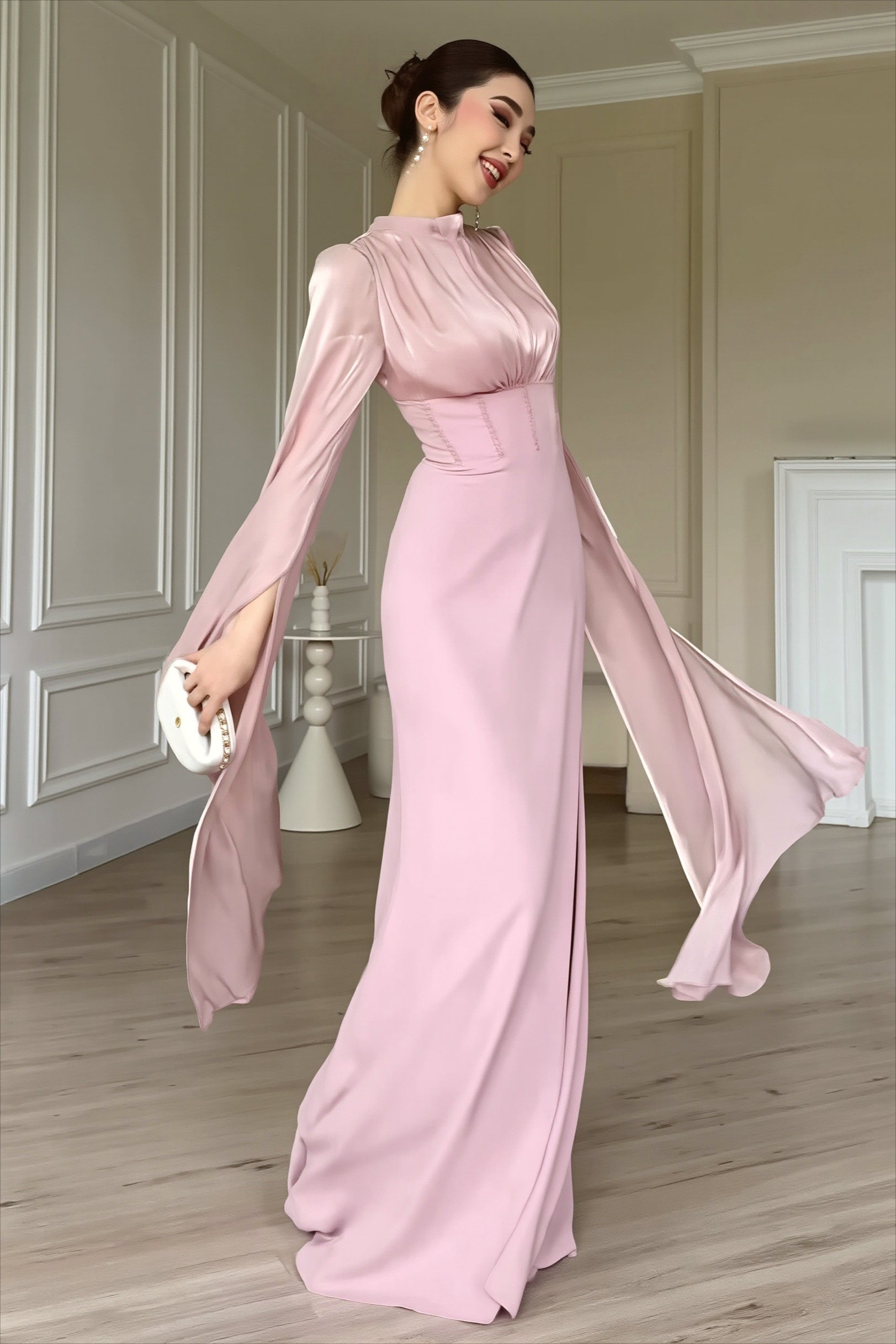 Glossy Flowy Sleeve Slim Maxi Dress