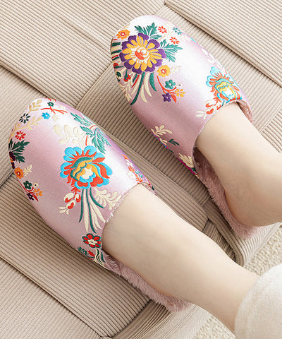 Retro Grün Satin Stickerei Hausschuhe Schuhe Fuzzy Wolle Gefüttert 