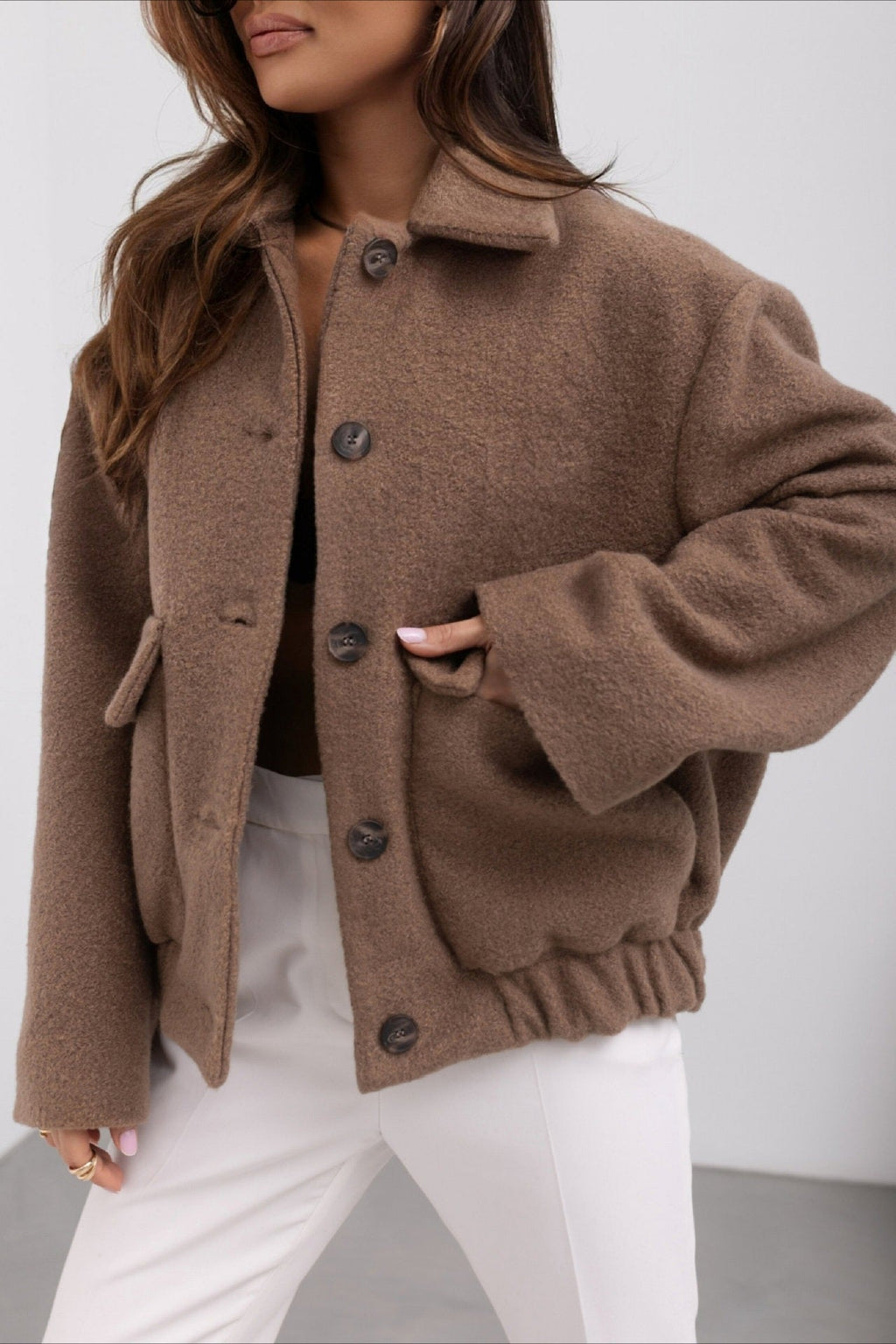Trendy Solid Wool Pocket Elastic Snap Coat