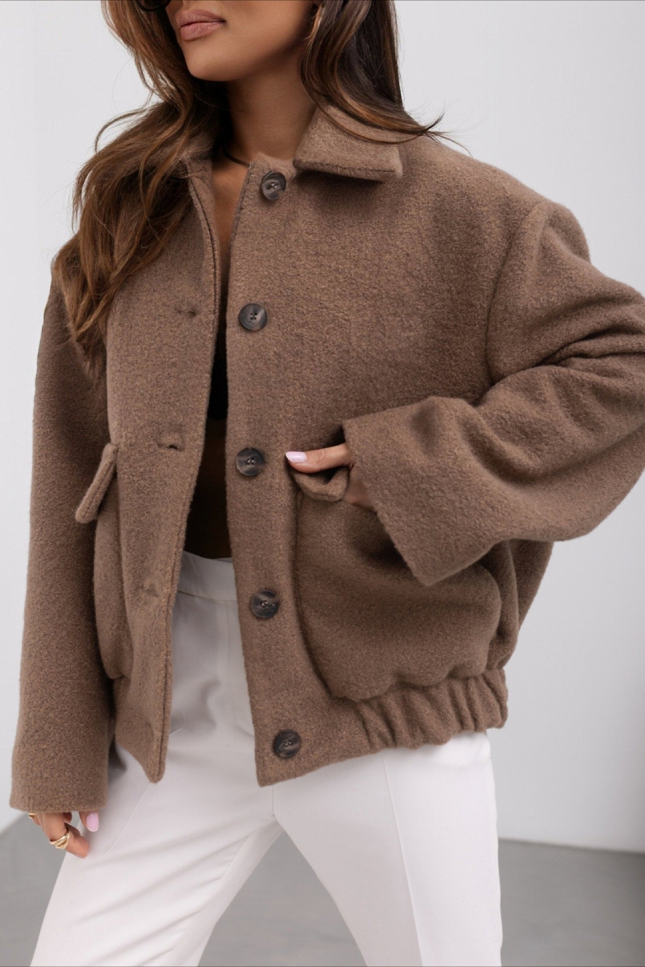 Trendy Solid Wool Pocket Elastic Snap Coat