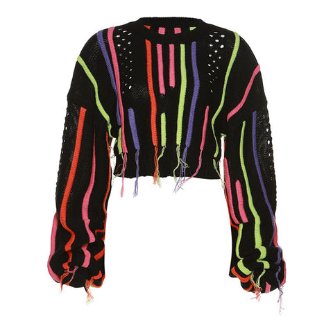 Women Clothing Autumn Winter Street Shooting Knitwear Color Matching Tassel Wild Casual Sweater