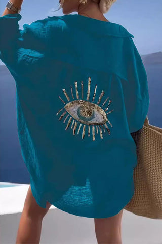 Lässige Blusen mit Patchwork-Umlegekragen und Augenaufdruck (8 Farben) 