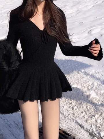 Vestido mini tipo suéter Y2K para mujer, con mangas acampanadas, cuello en V, cordones y cintura alta, liso, corte A, para fiesta de cumpleaños, Otoño e Invierno 