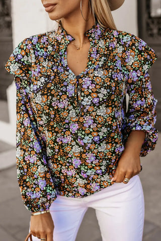 elegant floral print ruffled blouse