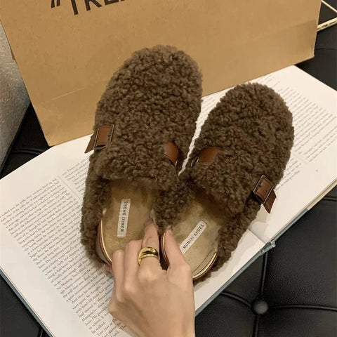 Mocasines planos de lana de cordero para mujer, elegantes, sin cordones, a la moda, para otoño 