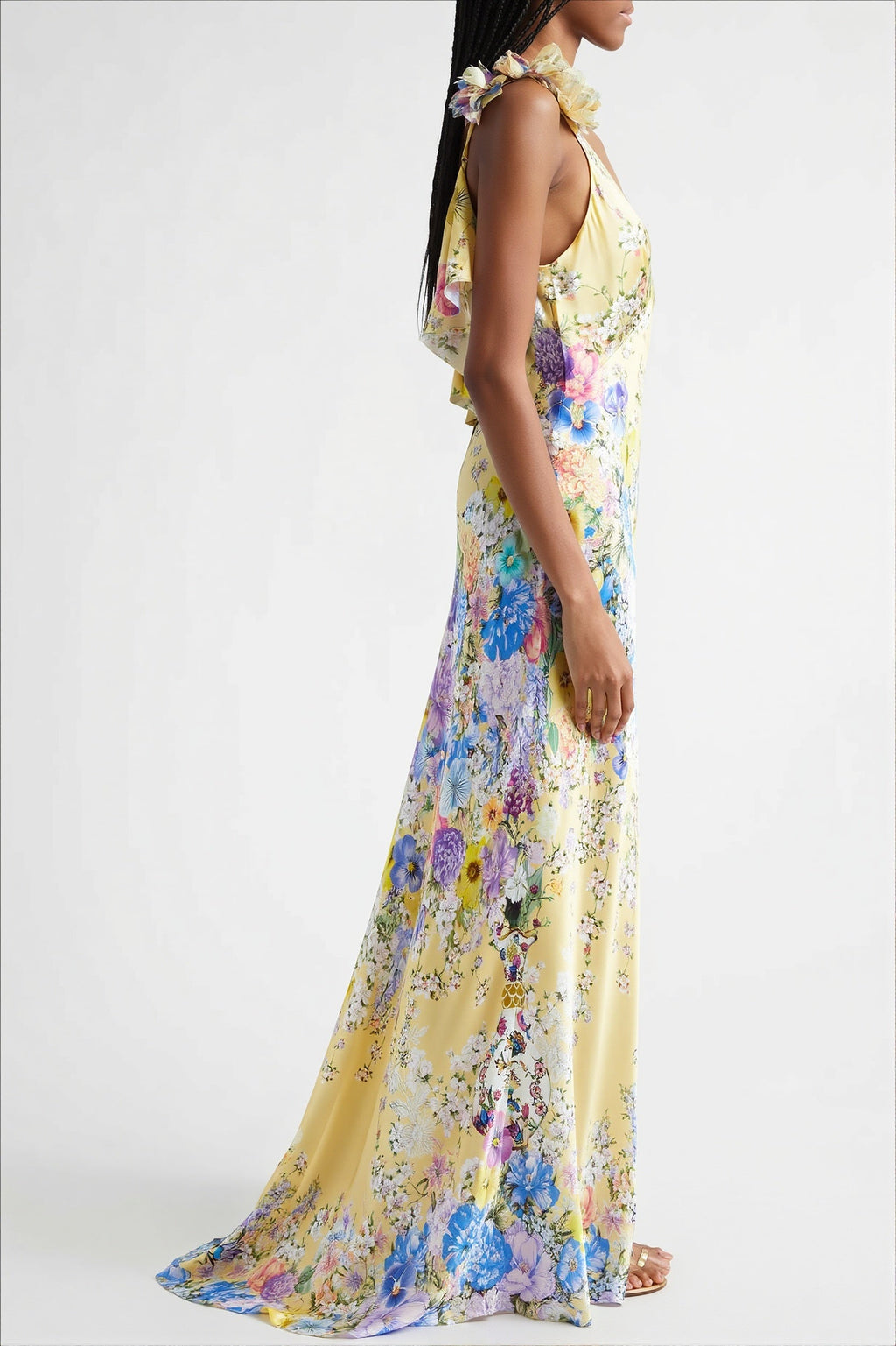 Floral Ruffle Strap Backless Maxi Dress