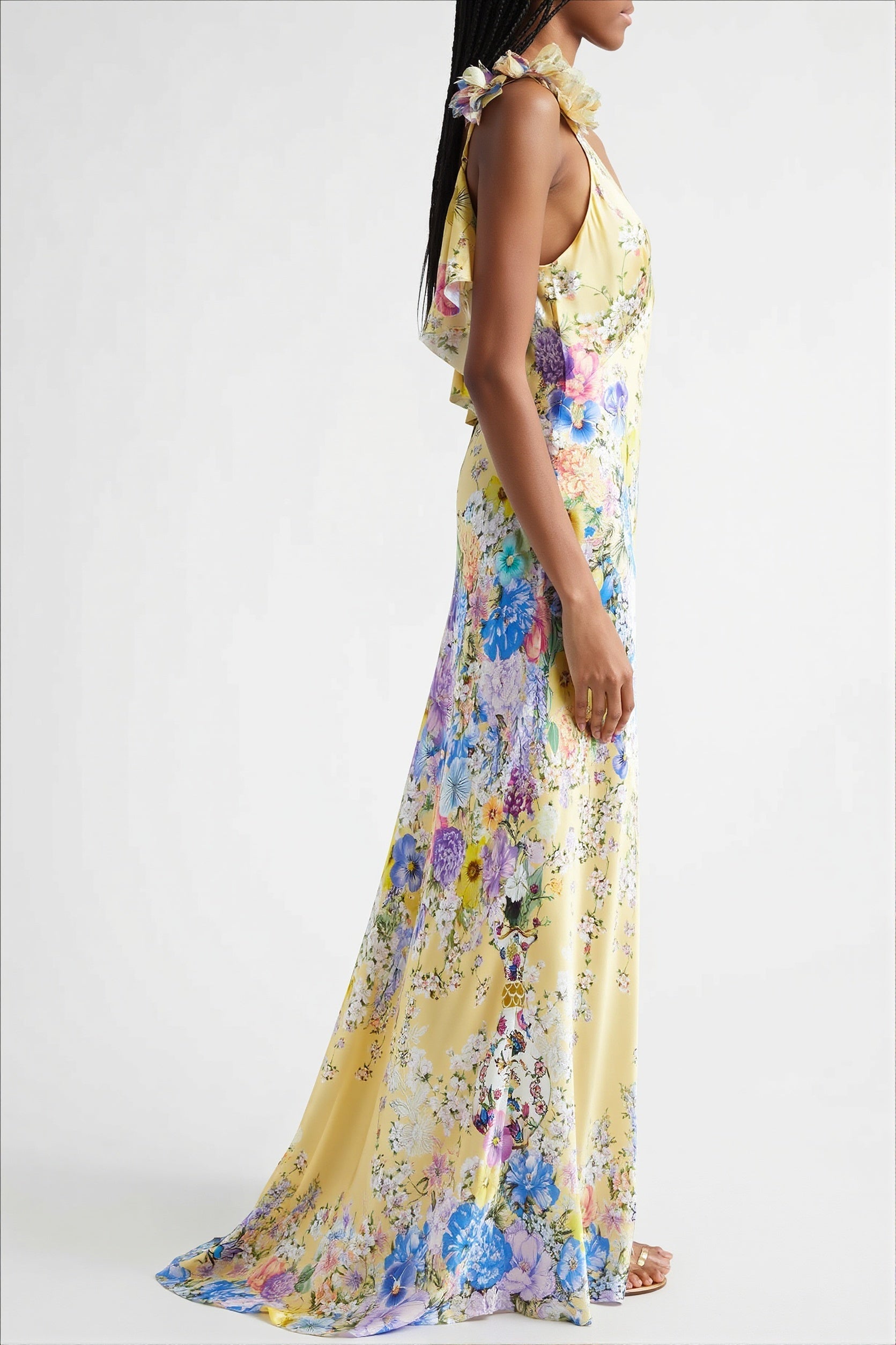 Floral Ruffle Strap Backless Maxi Dress