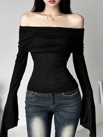 Camisetas de moda sencillas con estética Y2k para mujer, camisetas casuales lisas de manga larga con cuello oblicuo, camisetas vintage con hombros descubiertos y tendencia. 