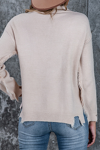 Casual Solid Tassel Slit V Neck Sweater