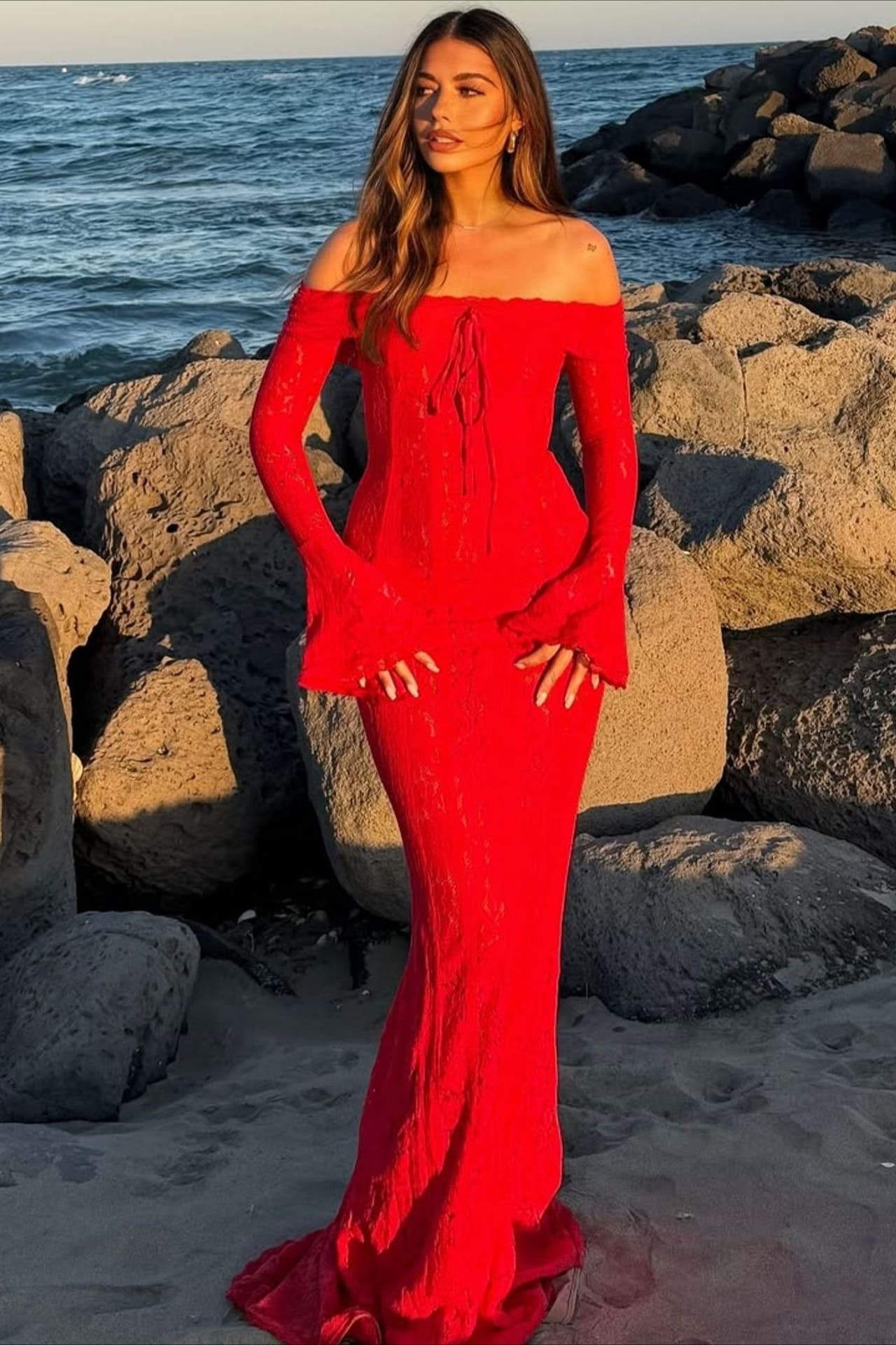 Off Shoulder Lace Flare Sleeve Fitted Train Elegant Maxi Dress