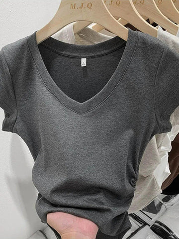 Nueva camiseta sexy de verano para mujer, camiseta elástica, ropa de estilo coreano para mujer, camiseta ajustada, camisetas de manga corta ajustadas para mujer 