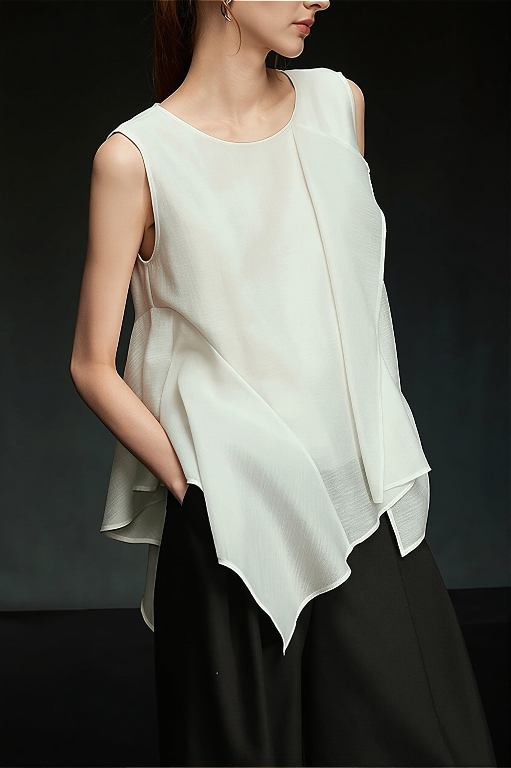 White Irregular Ruffle Sleeveless Blouse