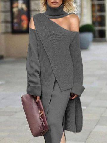 Conjunto de dos piezas de suéter y falda con hombros descubiertos y abertura frontal en color liso irregular 