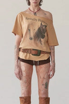 Graphic Print Asymmetrical Neck Short Sleeve Blouse