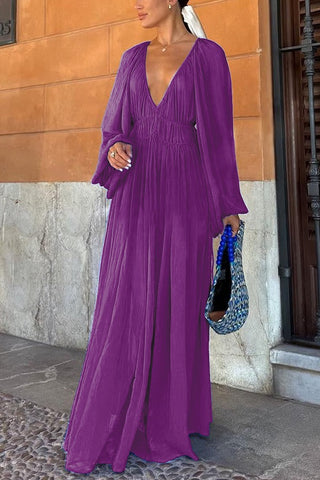 Vestido largo de gasa con cintura fruncida y fruncido 