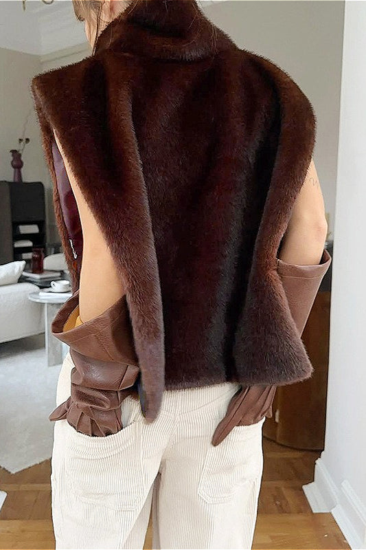 Solid Turtleneck Fuzzy Sleeveless Vest